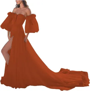ANYSWBKN Prom Dress for Women Puffy Sleeve Long Slit Elegant Formal Evening Princess Gown