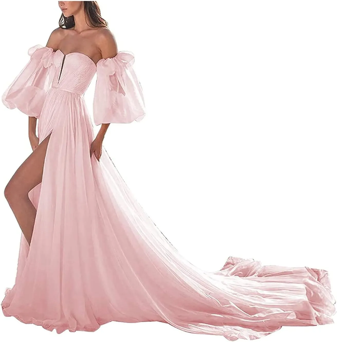 ANYSWBKN Prom Dress for Women Puffy Sleeve Long Slit Elegant Formal Evening Princess Gown