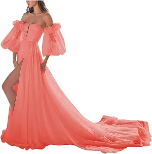 ANYSWBKN Prom Dress for Women Puffy Sleeve Long Slit Elegant Formal Evening Princess Gown