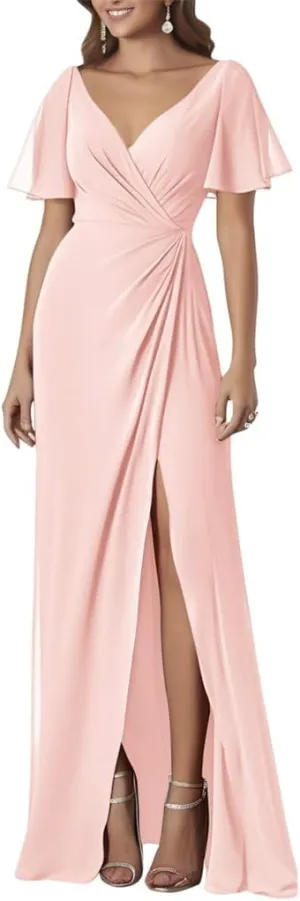 ANYSWBKN Ruffle Sleeves Prom Bridesmaid Dresses for Wedding Chiffon Long Evening Formal Party Gown with Slit Split