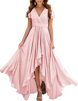 ANYSWBKN Short Sleeve Pleated Bridesmaid Dresses for Wedding Hi-Low Ruched Chiffon Evening Formal Party Gown