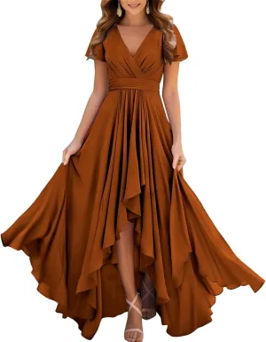 ANYSWBKN Short Sleeve Pleated Bridesmaid Dresses for Wedding Hi-Low Ruched Chiffon Evening Formal Party Gown