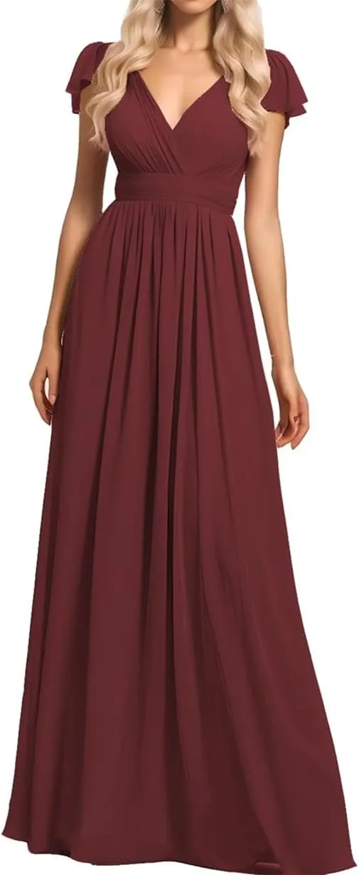 ANYSWBKN Women's Short Sleeve Bridesmaid Dresses for Wedding V-NEC Chiffon Evening Formal Party Gown