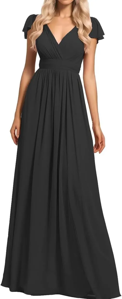 ANYSWBKN Women's Short Sleeve Bridesmaid Dresses for Wedding V-NEC Chiffon Evening Formal Party Gown
