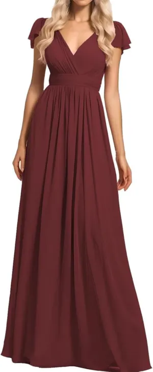ANYSWBKN Women's Short Sleeve Bridesmaid Dresses for Wedding V-NEC Chiffon Evening Formal Party Gown