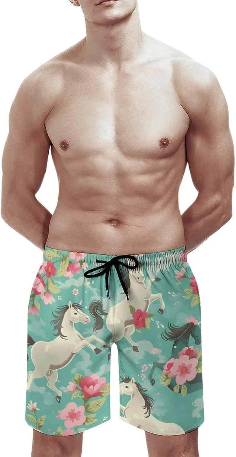 Aqua Green Horse Floral Men's Swim Trunks Quick Dry Board Shorts Breathable Summer Beach Shorts Bathing Suits