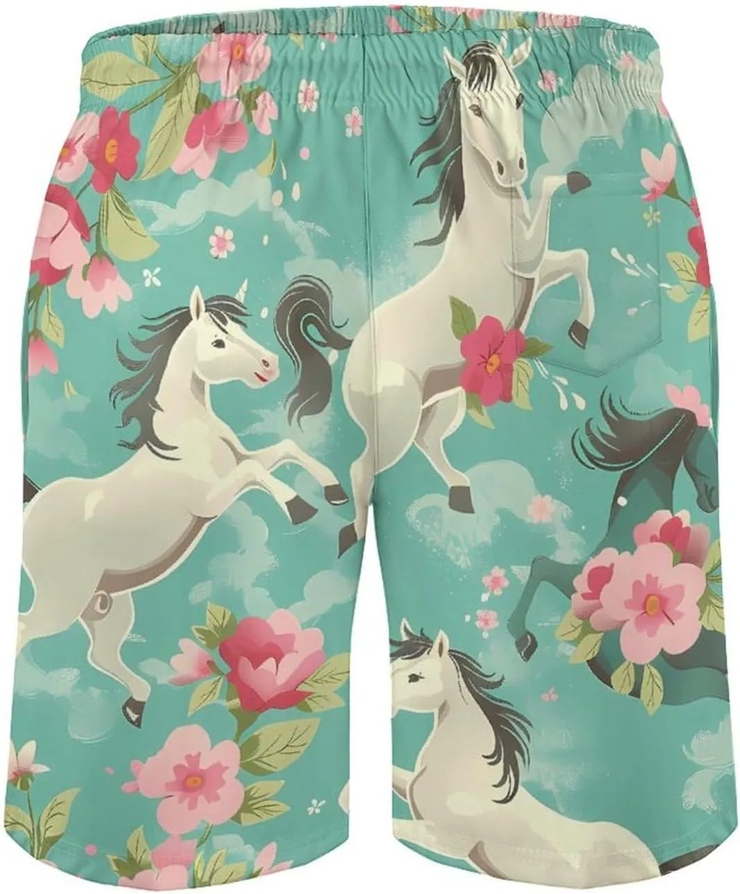 Aqua Green Horse Floral Men's Swim Trunks Quick Dry Board Shorts Breathable Summer Beach Shorts Bathing Suits