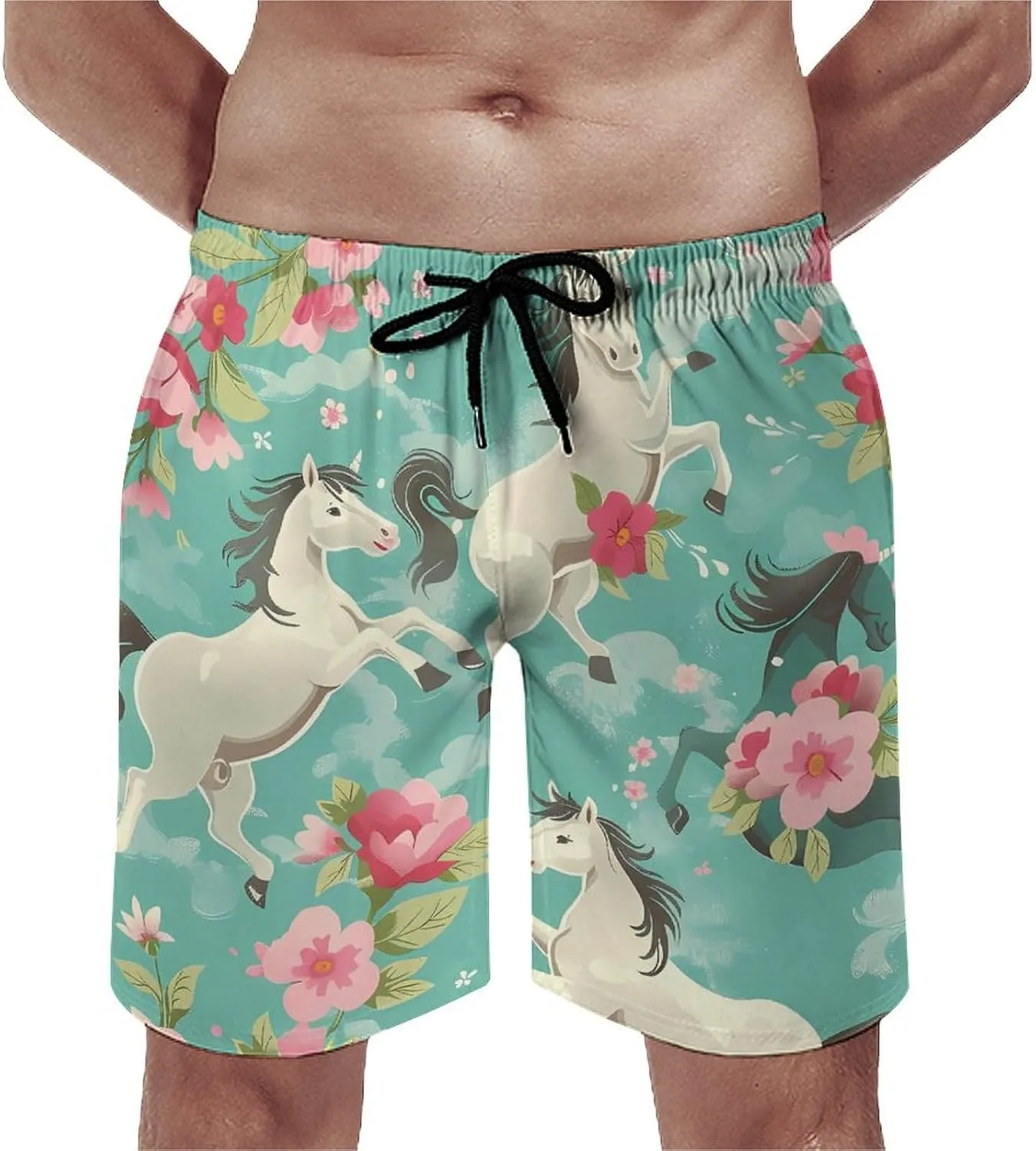 Aqua Green Horse Floral Men's Swim Trunks Quick Dry Board Shorts Breathable Summer Beach Shorts Bathing Suits