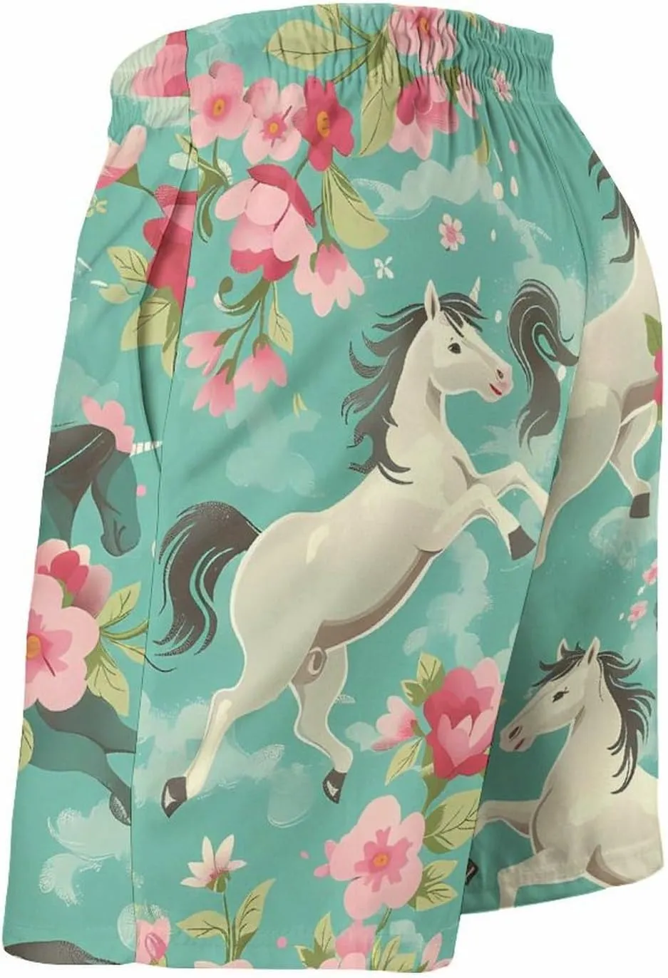 Aqua Green Horse Floral Men's Swim Trunks Quick Dry Board Shorts Breathable Summer Beach Shorts Bathing Suits