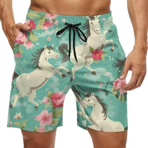 Aqua Green Horse Floral Men's Swim Trunks Quick Dry Board Shorts Breathable Summer Beach Shorts Bathing Suits