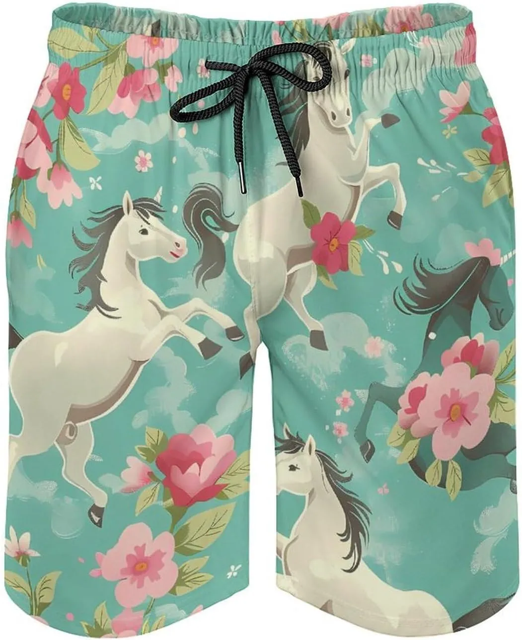 Aqua Green Horse Floral Men's Swim Trunks Quick Dry Board Shorts Breathable Summer Beach Shorts Bathing Suits