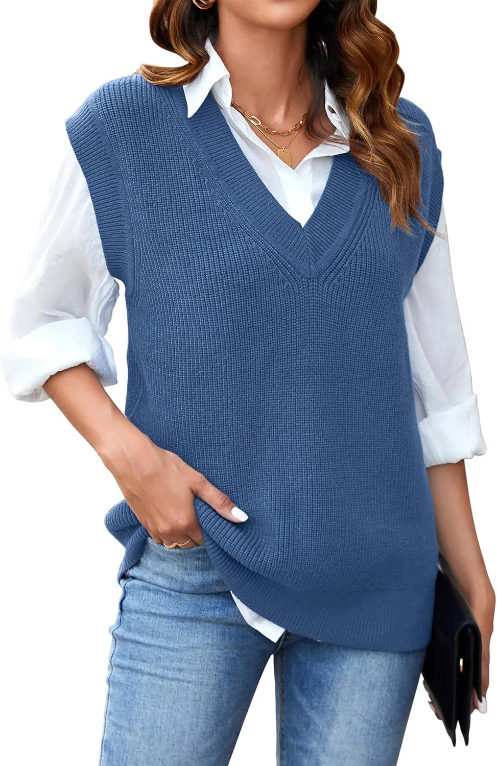 Arach&Cloz Womens Sweater Vest 2024 Fall Winter Knitted V Neck Oversized Casual Cap Sleeve Pullover Tank Tops