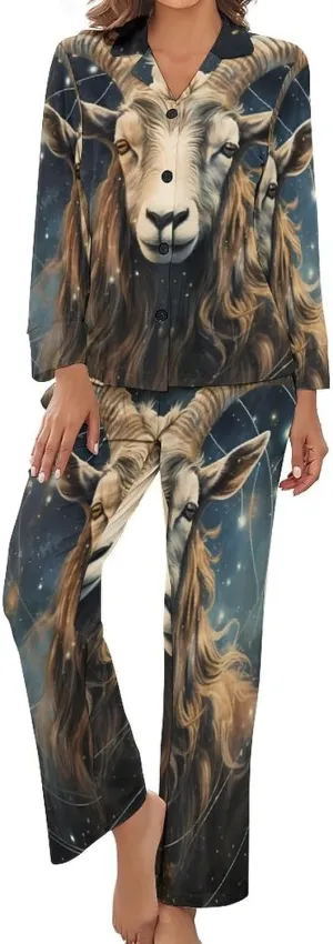 Aries Constellation Women's Long Sleeve Pajama Set Soft Button Down Nightwear Loungewear Lounge Sets