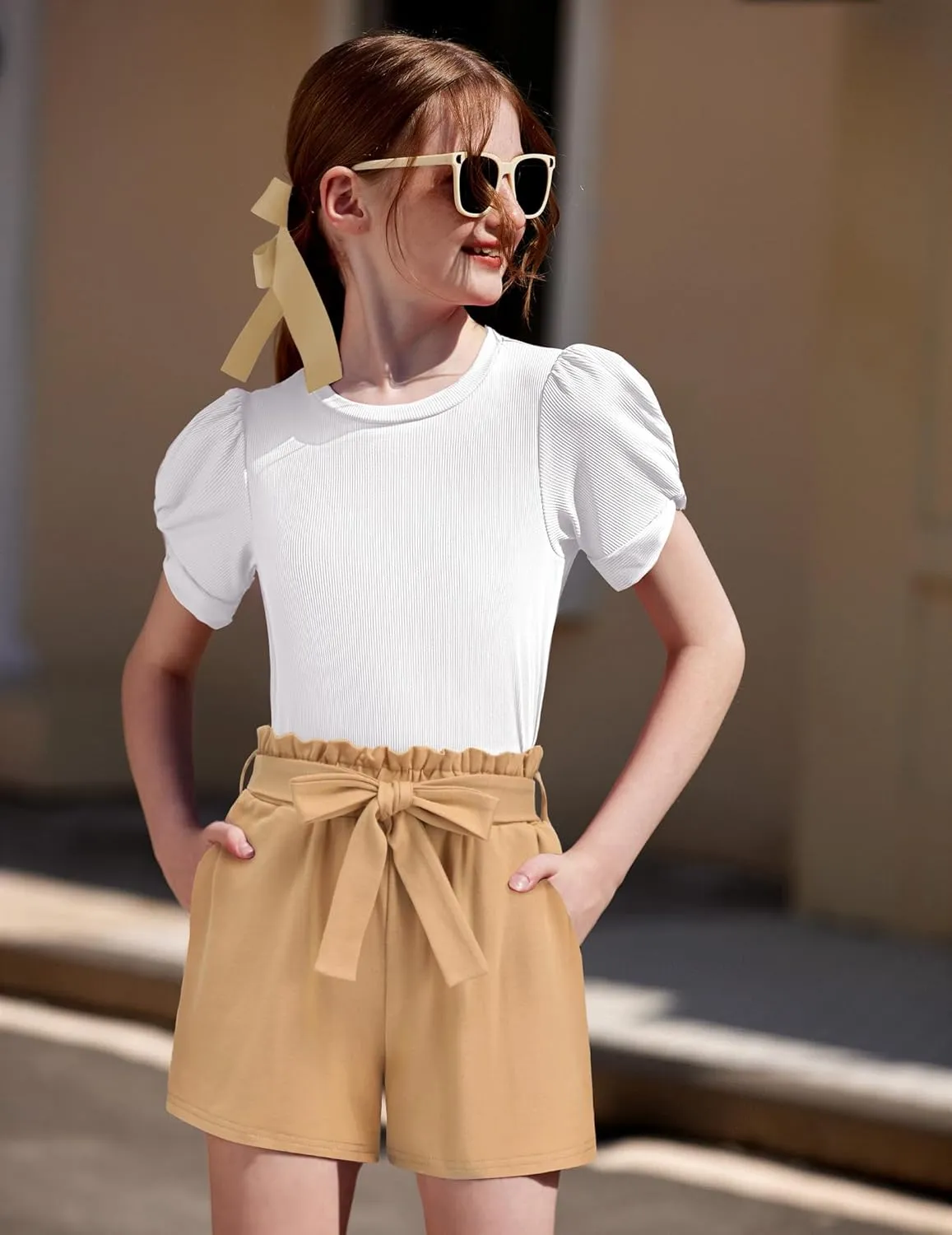 Arshiner Girls 2 Piece Summer Outfits Knit Twist Puff Sleeve Top and High Waist Paper Bag Shorts Set with Pockets