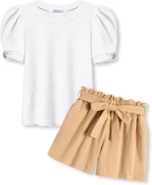 Arshiner Girls 2 Piece Summer Outfits Knit Twist Puff Sleeve Top and High Waist Paper Bag Shorts Set with Pockets