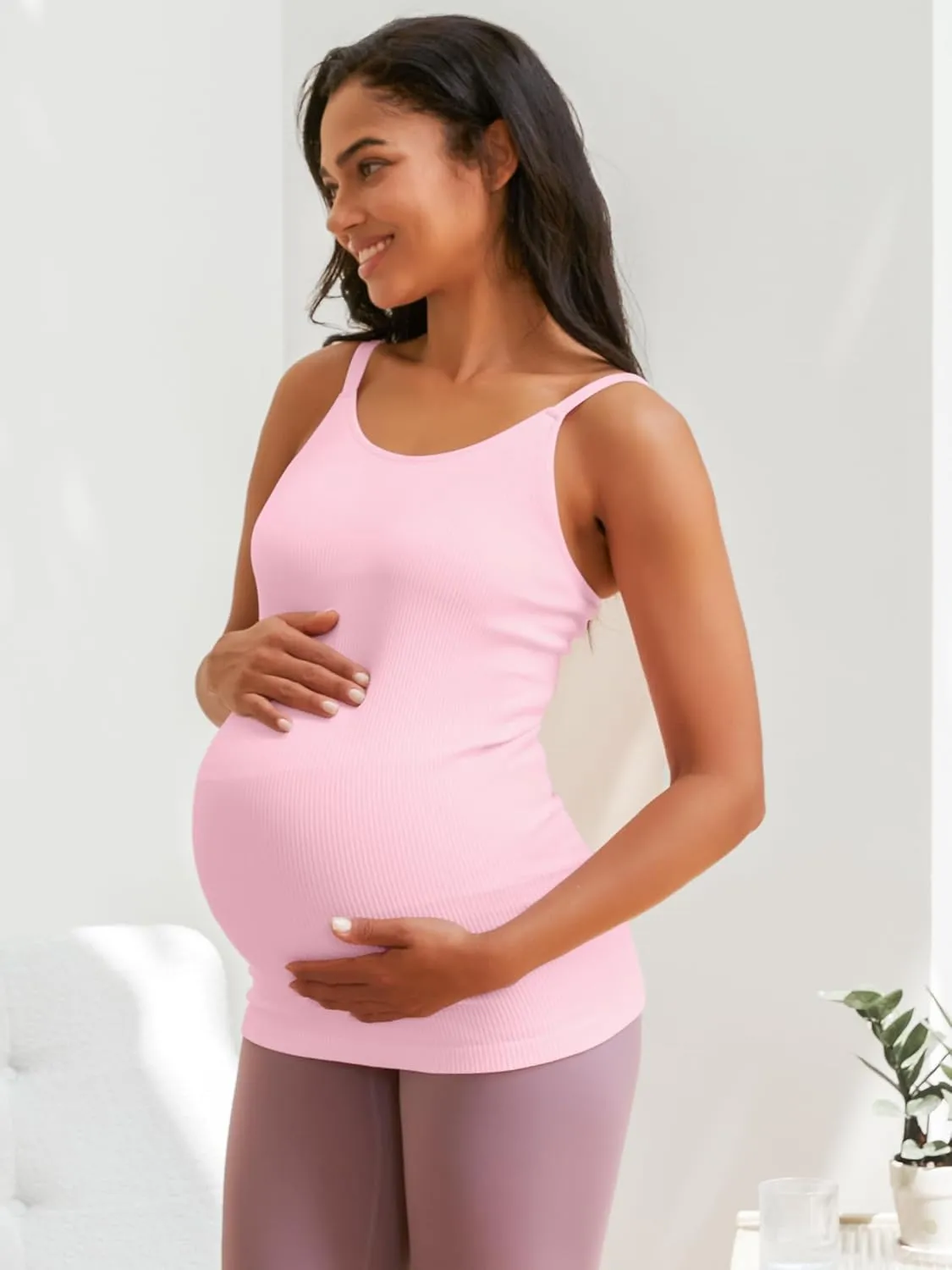 ATTRACO Maternity Tank Tops with Built in Bra Ribbed Pregnancy Clothes Adjustable Straps