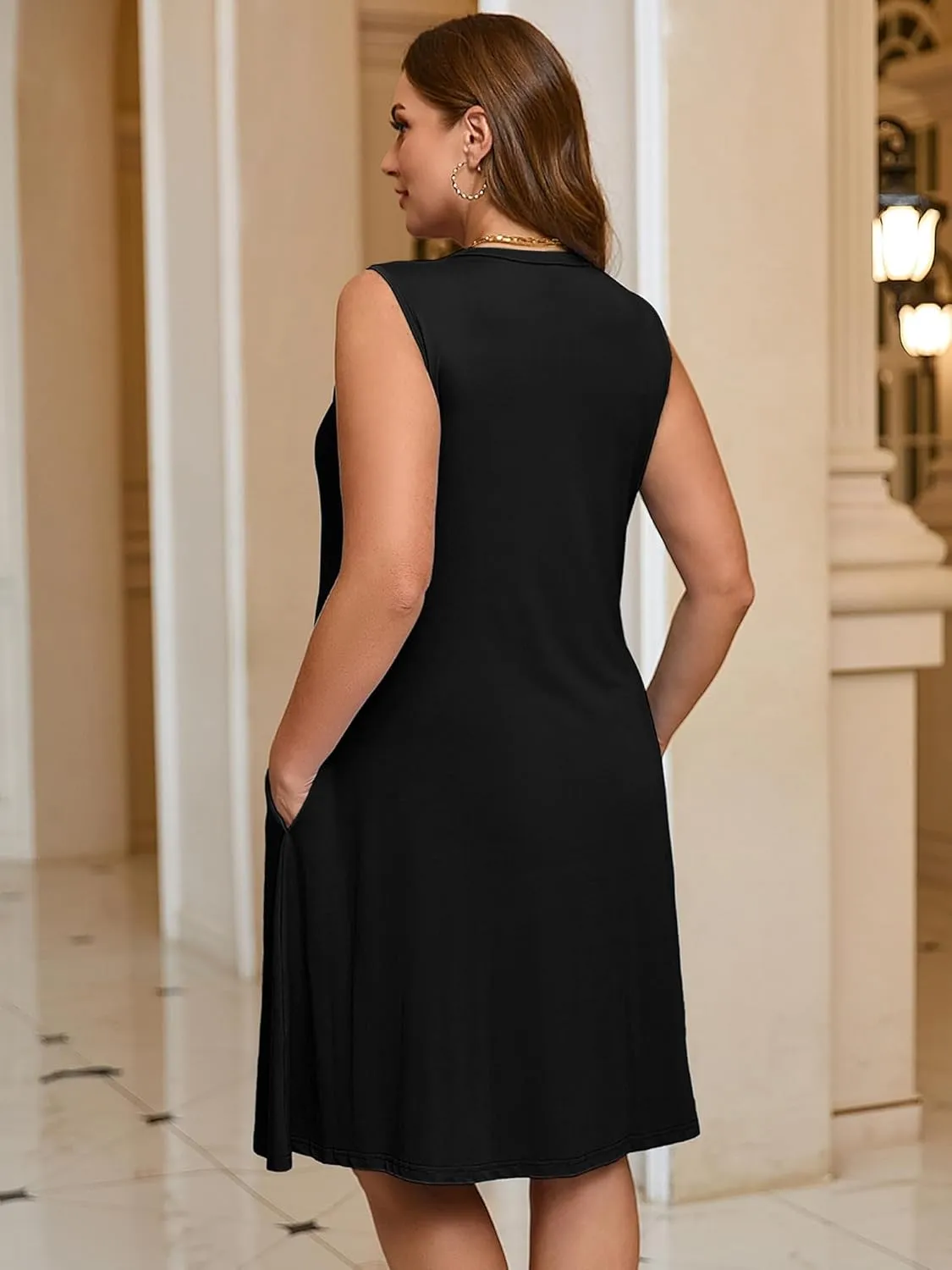 AusLook Plus Size Women's Summer Sleeveless Crew Neck Midi Dresses Casual Loose Fitting Tank Sundress with Pockets