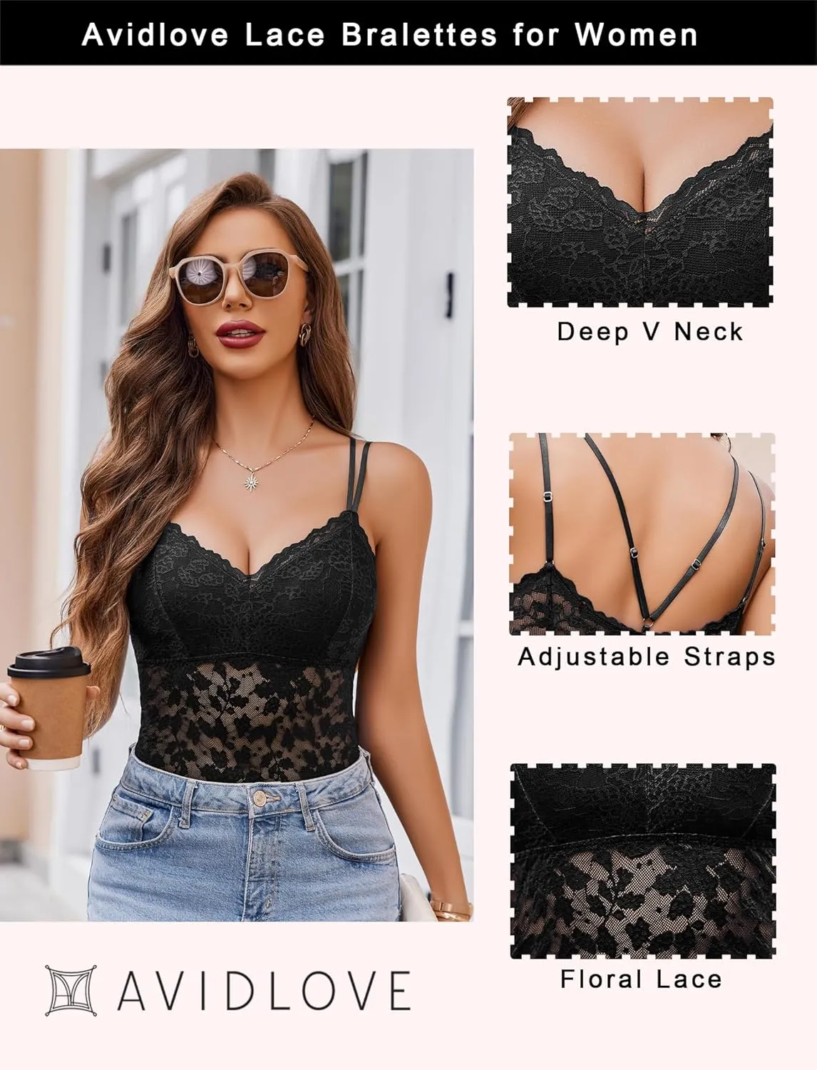 Avidlove Lace Bralette for Women V Neck Camisole Lingerie Spaghetti Strap Tube Slim Tank Top