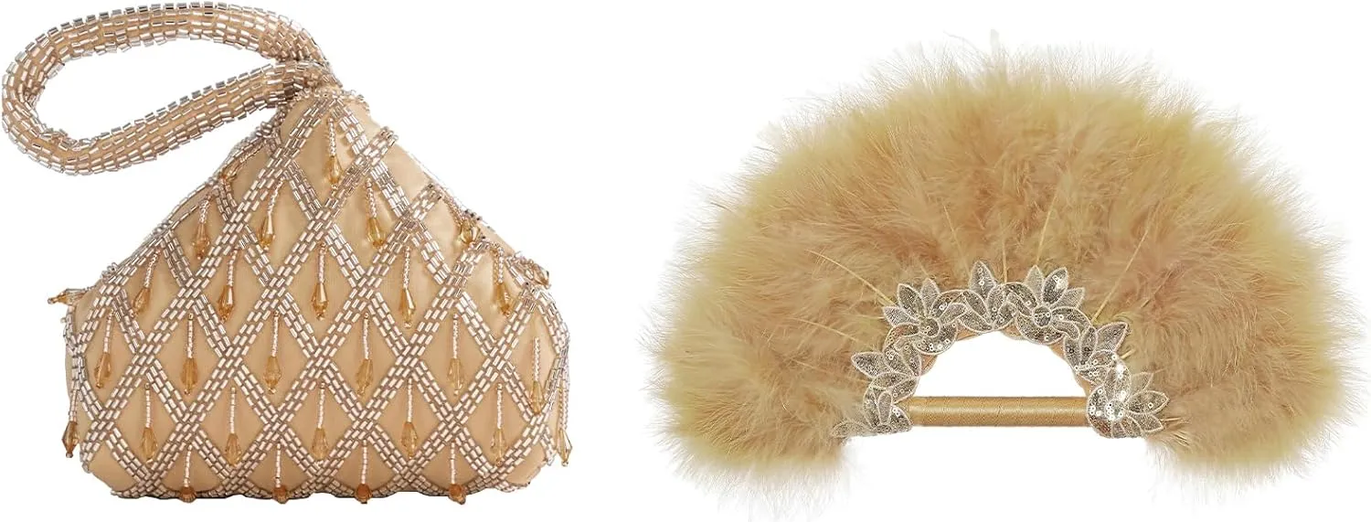 BABEYOND Women's Clutch Evening Bags Sparkly Beads Pendant Triangle Purse for 1920s Party Prom Wedding 1920s Marabou Feather Fan Vintage Handheld Fan Bridal Feather Bouquet Bridesmaids