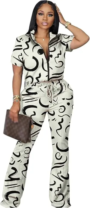 Batehif Women's Lounge Outfits Two Piece Sets 80s 90s Short Sleeve Zipper Top Flare Legging Pants