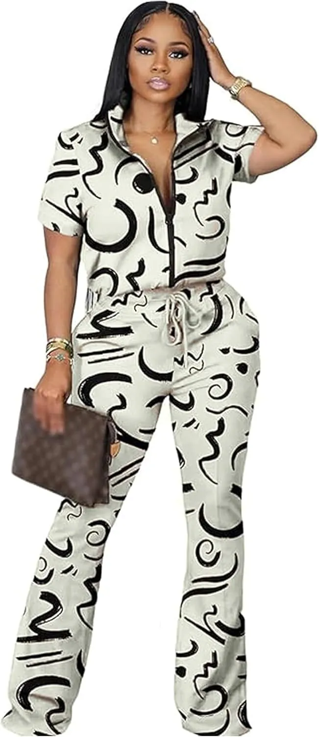 Batehif Women's Lounge Outfits Two Piece Sets 80s 90s Short Sleeve Zipper Top Flare Legging Pants