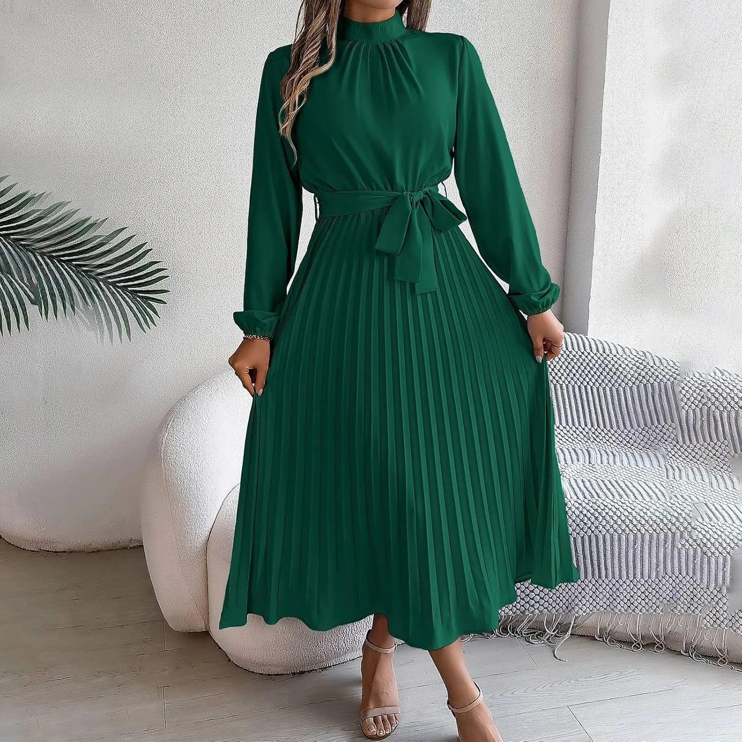 BAXLIMEK Midi Dresses for Women,2025 Spring Elegant Trendy Long Sleeve Dress Flowy Pleated A Line Vacation Dress Work Outfits