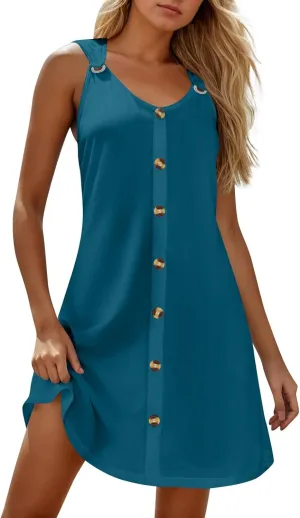BAXLIMEK Sundresses for Women,2025 Spring Summer Casual Loose V Neck Sleeveless Mini Dress,Button Flowy A Line Beach Dress