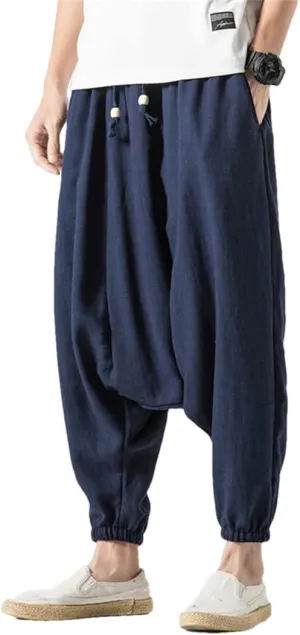 Bciopll Men Drop Crotch Wide Legs Pants Chinese Style Linen Harem Pants Hip Hop Streetwear Loose Pants