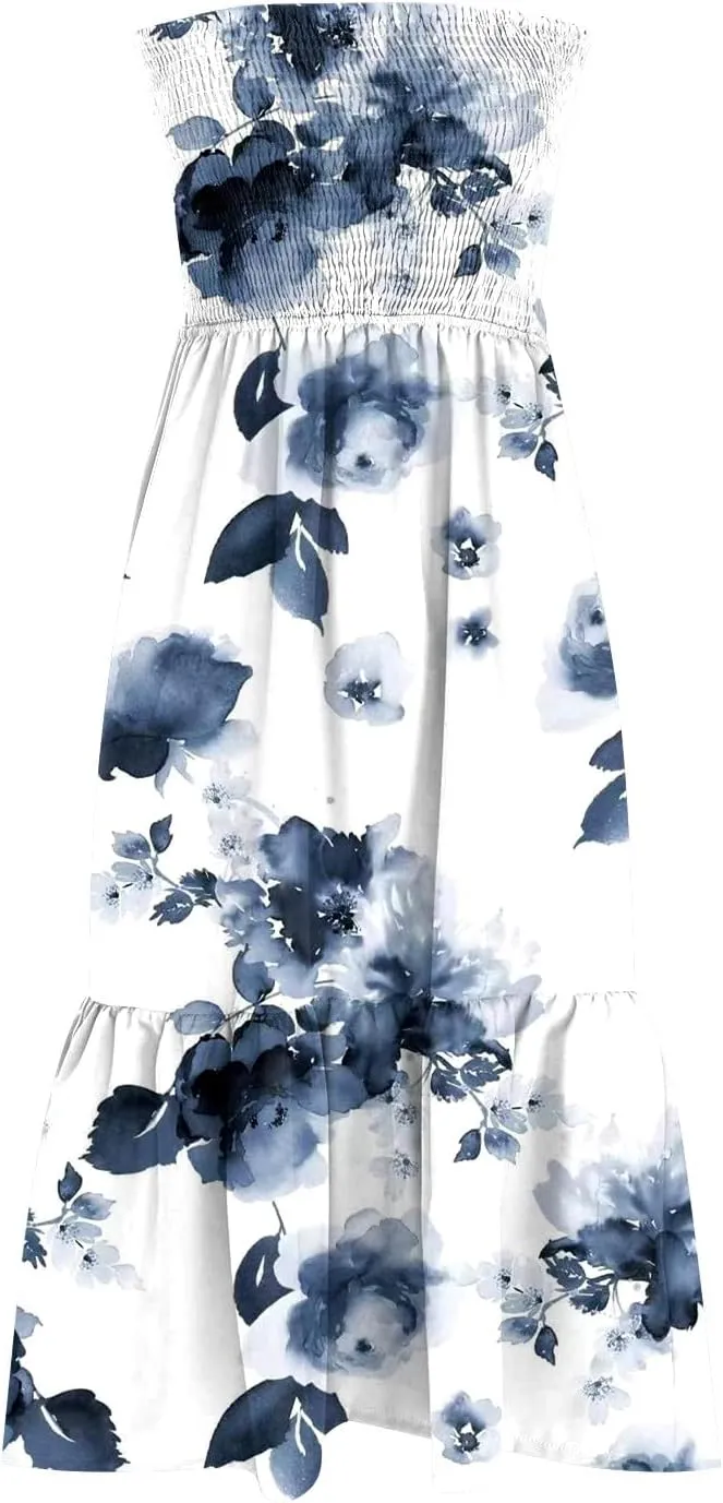 Beach Dresses for Women,2024 Summer Elegant Pleated Bandeau Maxi Dress,Trendy Flowy Ruffle Smocked Cruise Sundress