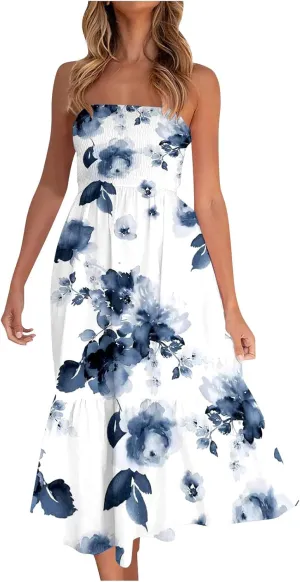 Beach Dresses for Women,2024 Summer Elegant Pleated Bandeau Maxi Dress,Trendy Flowy Ruffle Smocked Cruise Sundress