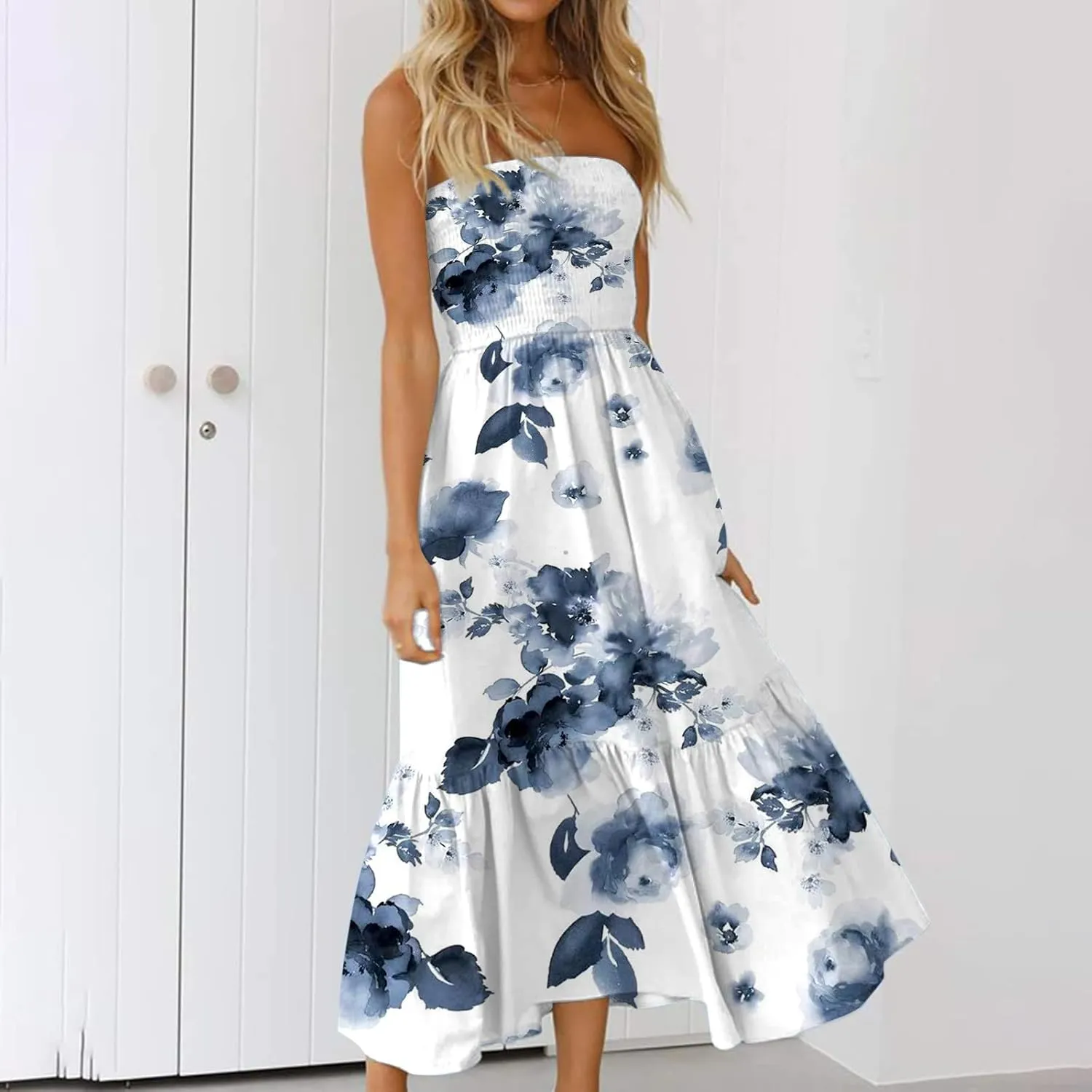 Beach Dresses for Women,2024 Summer Elegant Pleated Bandeau Maxi Dress,Trendy Flowy Ruffle Smocked Cruise Sundress