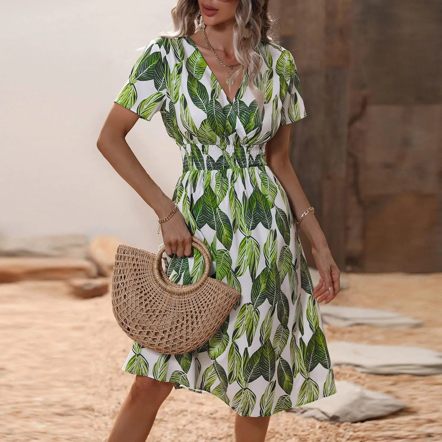 Beach Dresses for Women,2024 Summer Trendy Floral Hawaiian Dress,Elegant V Neck Short Sleeve Flowy Boho Midi Dress