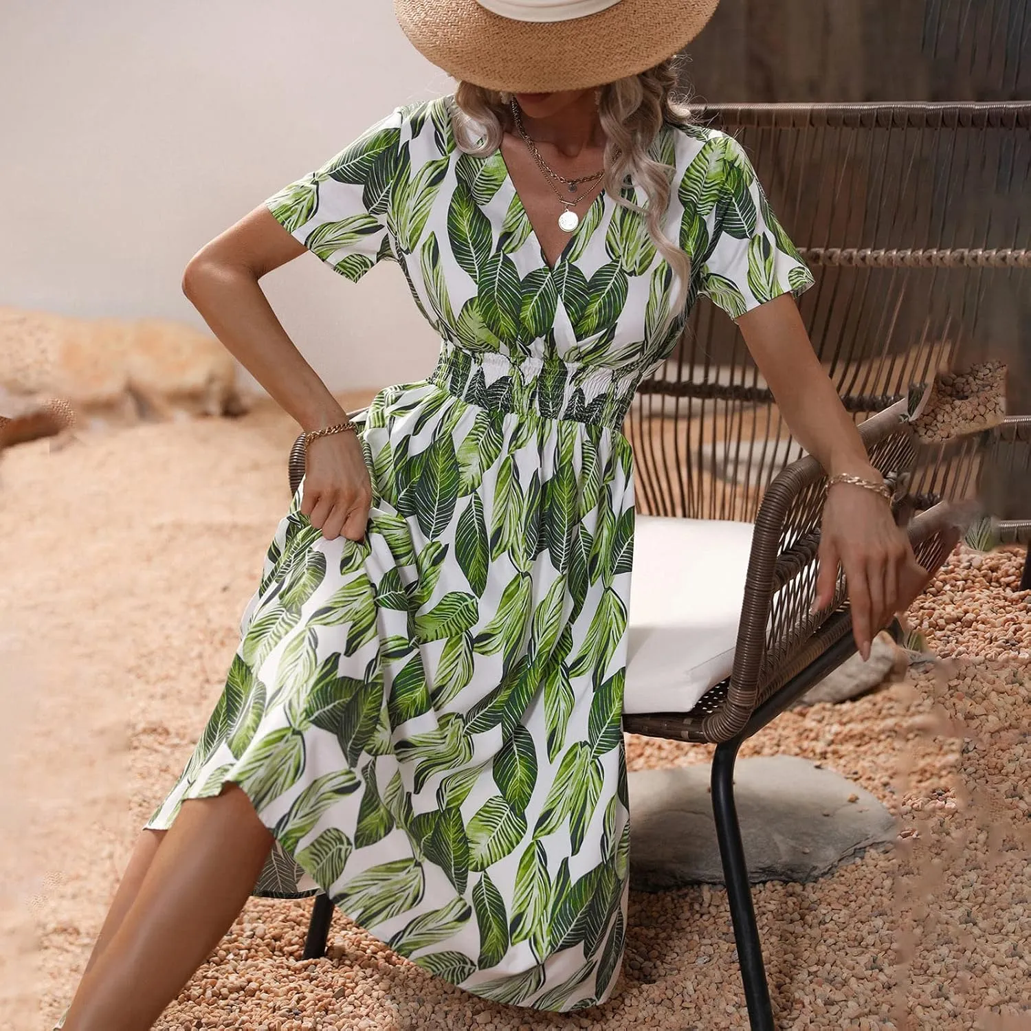Beach Dresses for Women,2024 Summer Trendy Floral Hawaiian Dress,Elegant V Neck Short Sleeve Flowy Boho Midi Dress