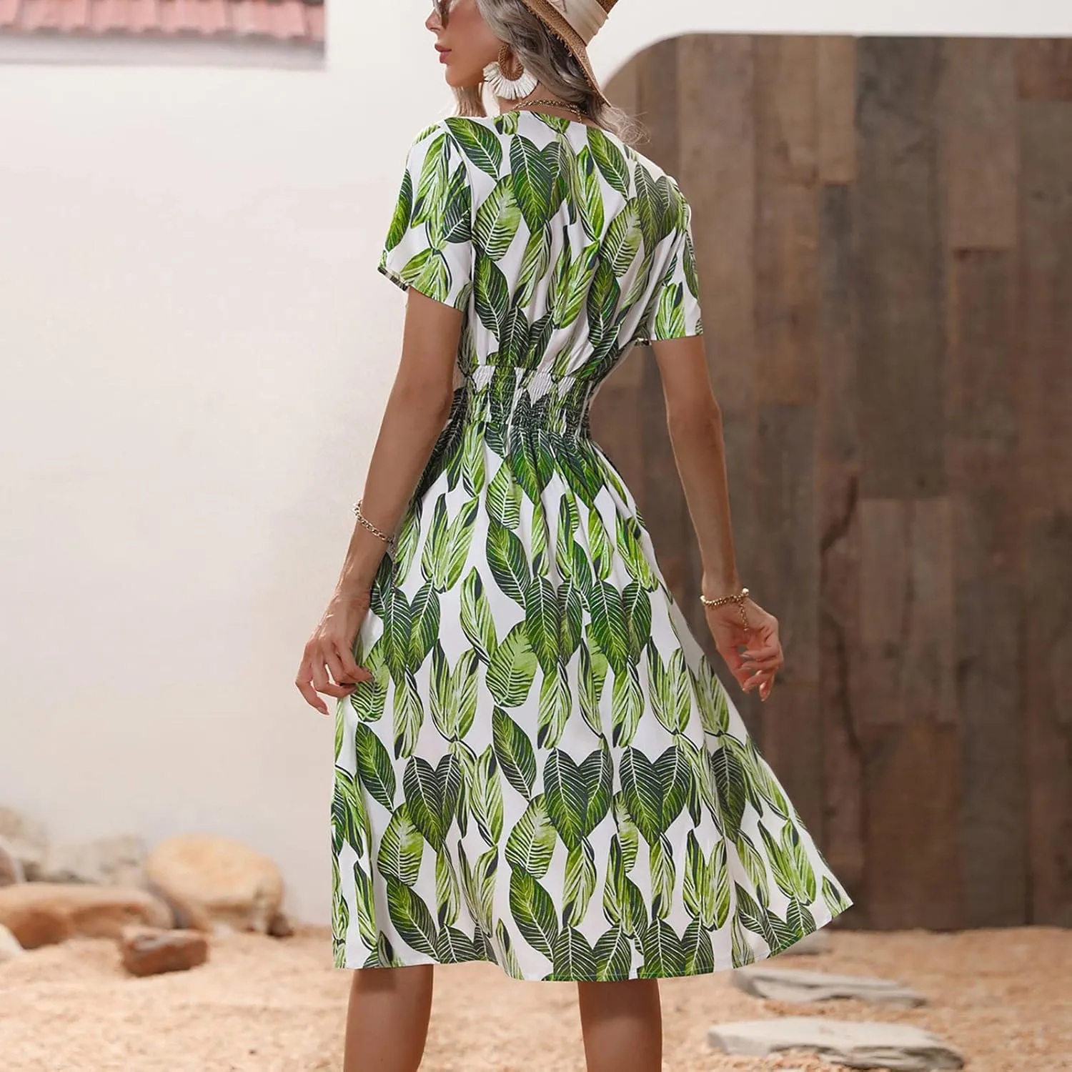 Beach Dresses for Women,2024 Summer Trendy Floral Hawaiian Dress,Elegant V Neck Short Sleeve Flowy Boho Midi Dress