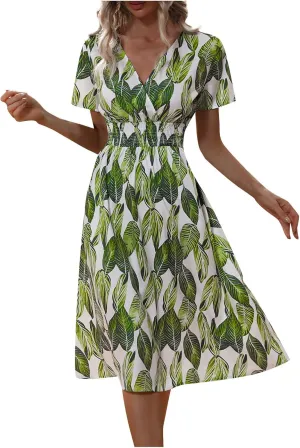 Beach Dresses for Women,2024 Summer Trendy Floral Hawaiian Dress,Elegant V Neck Short Sleeve Flowy Boho Midi Dress