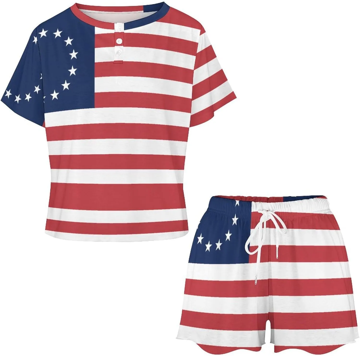 Betsy Ross Flag U.S.A Pajamas for Women Set Button Down Loungewear Short Sleeve Pjs Lounge Set Soft Comfy 2 Piece