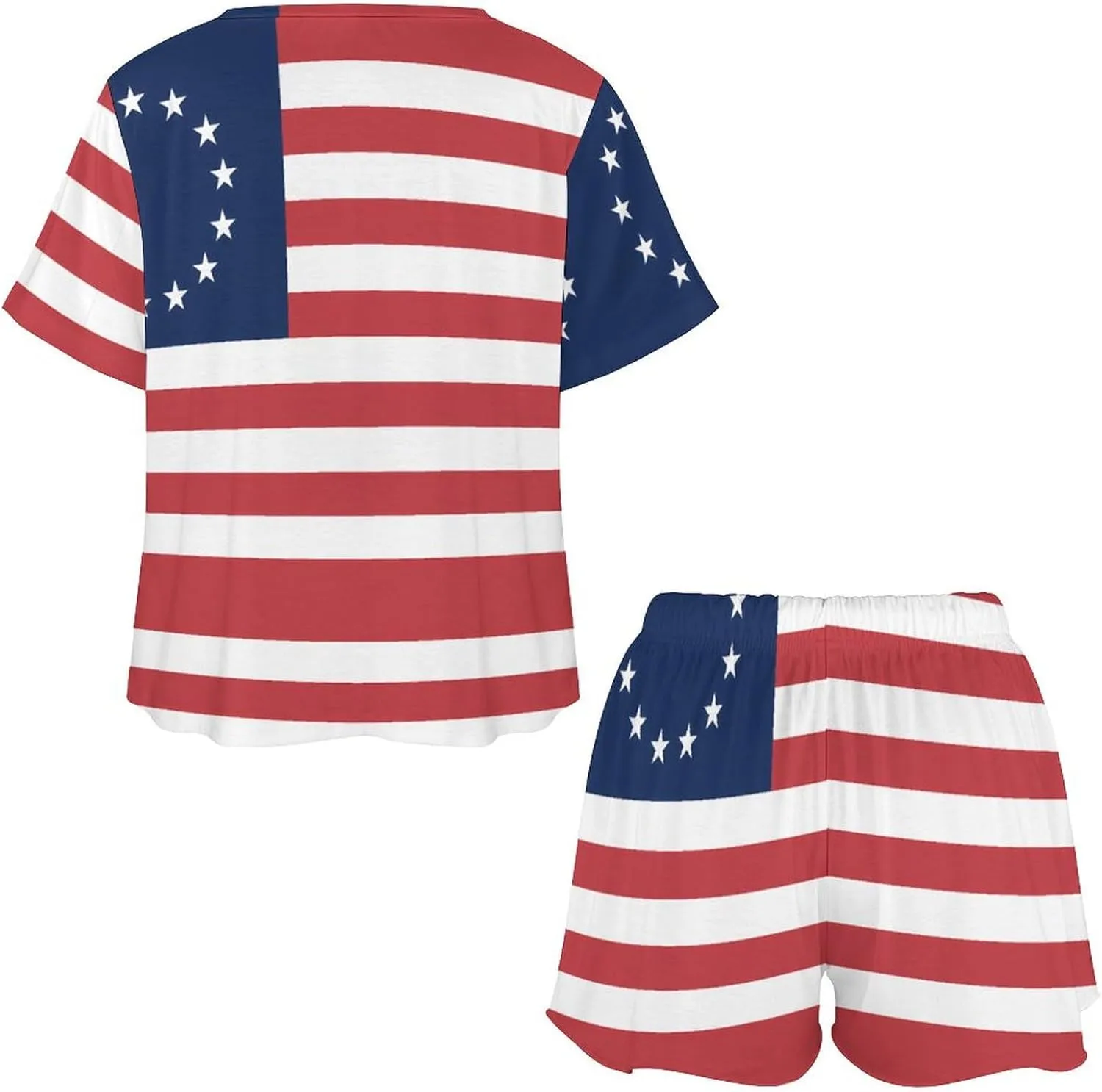 Betsy Ross Flag U.S.A Pajamas for Women Set Button Down Loungewear Short Sleeve Pjs Lounge Set Soft Comfy 2 Piece