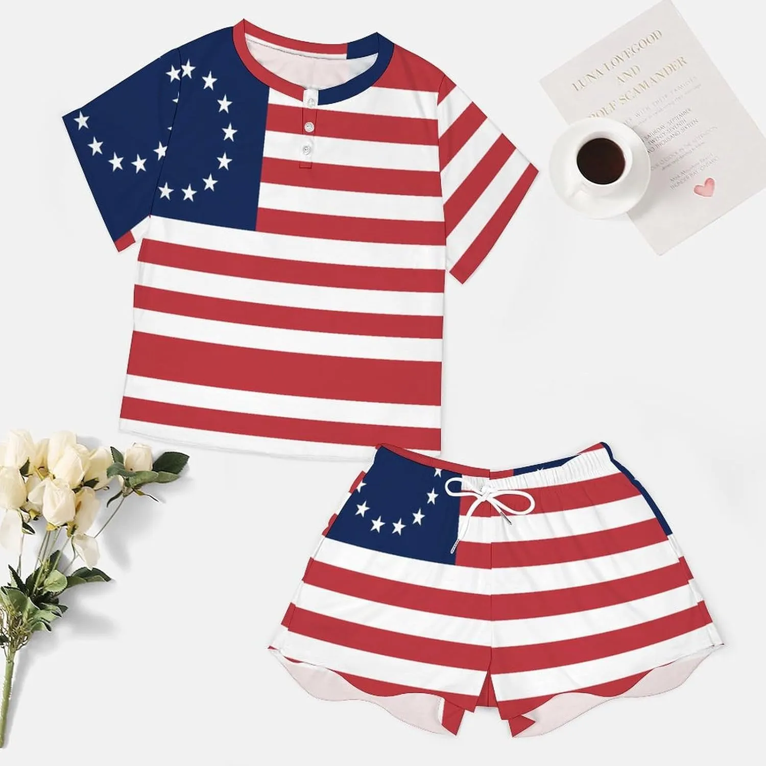 Betsy Ross Flag U.S.A Pajamas for Women Set Button Down Loungewear Short Sleeve Pjs Lounge Set Soft Comfy 2 Piece
