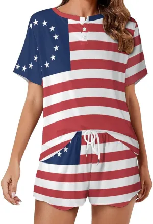 Betsy Ross Flag U.S.A Pajamas for Women Set Button Down Loungewear Short Sleeve Pjs Lounge Set Soft Comfy 2 Piece