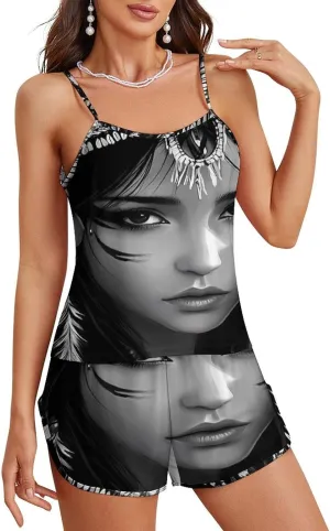 Black And White A-mericans Native Indian Woman Pajamas for Women Set Tank Top Pjs And Shorts Sleepwear Loungewear Sets
