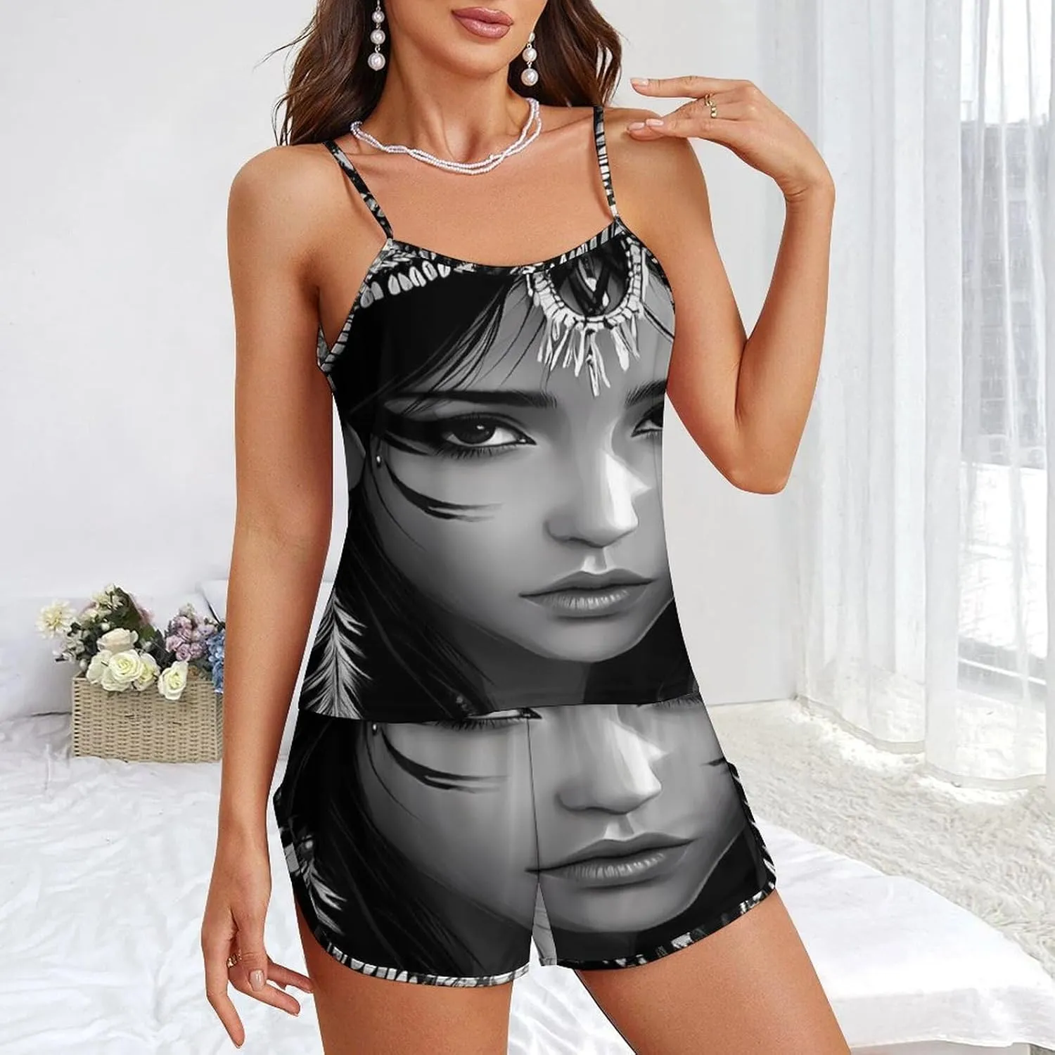 Black And White A-mericans Native Indian Woman Pajamas for Women Set Tank Top Pjs And Shorts Sleepwear Loungewear Sets