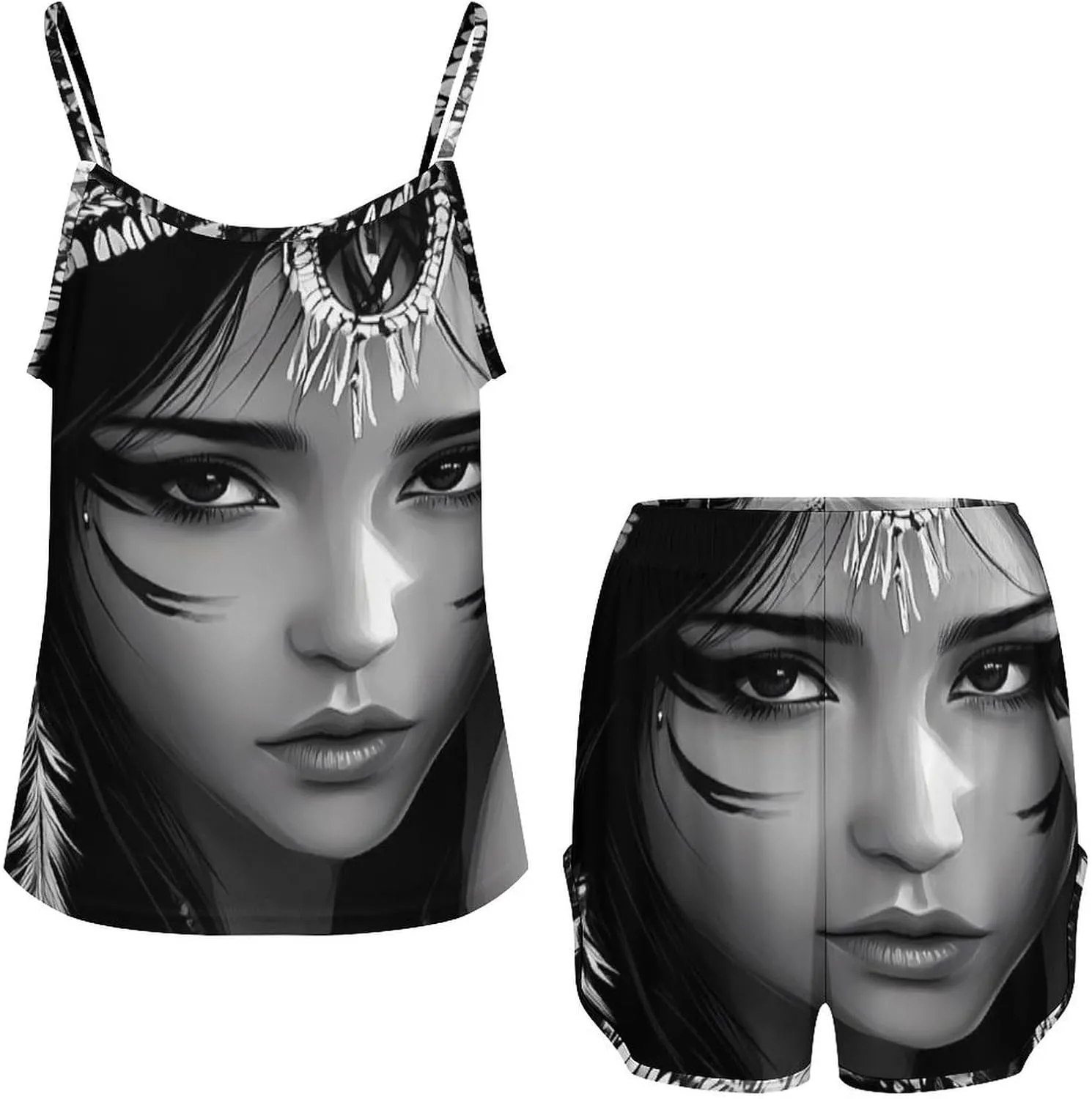 Black And White A-mericans Native Indian Woman Pajamas for Women Set Tank Top Pjs And Shorts Sleepwear Loungewear Sets