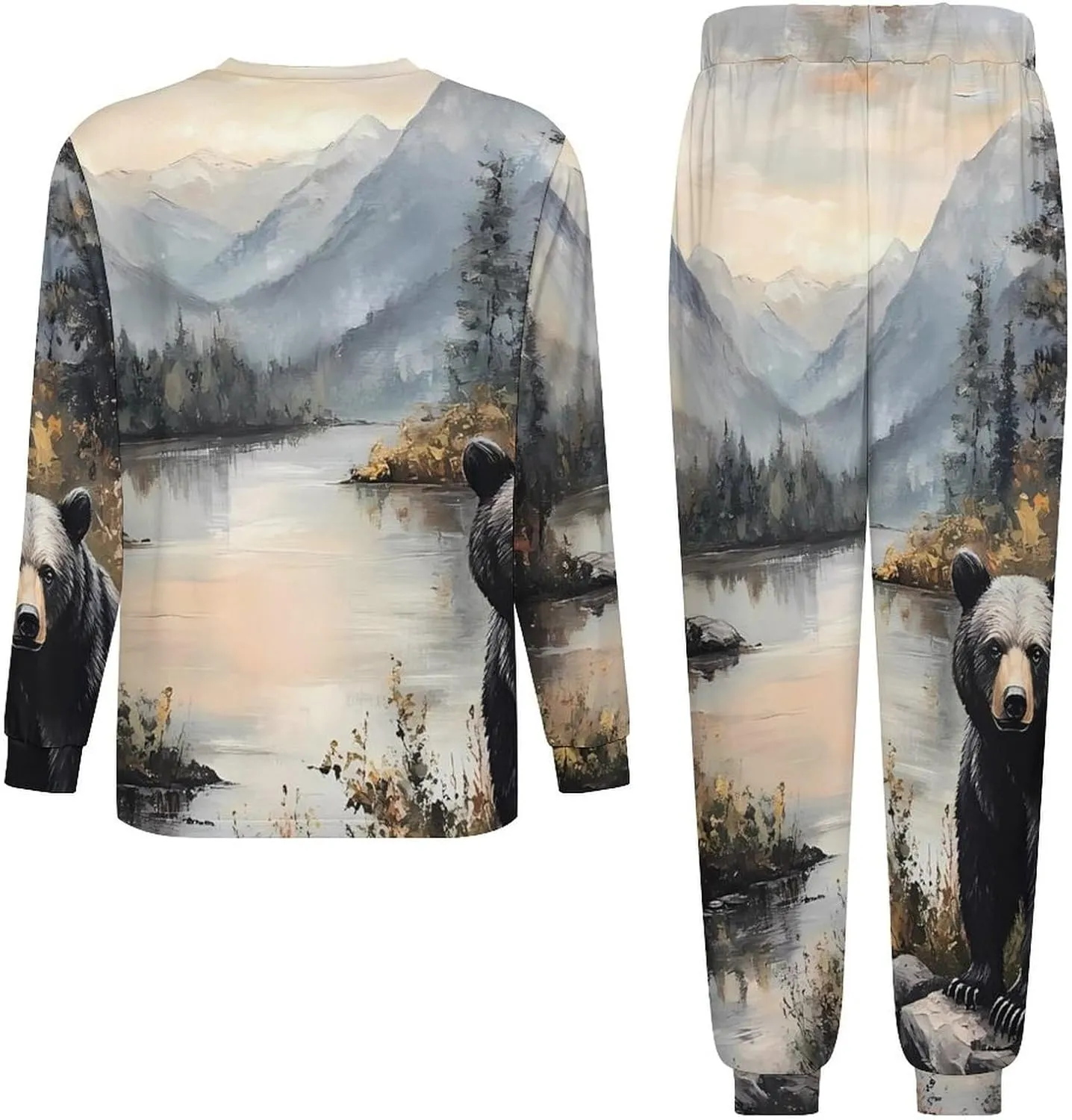 Black Bear Autumn Lakeside Soft Mens Pajamas Set Round Neck Pullover Long Sleeve And Pants Loungewear 2 Piece Pjs Set