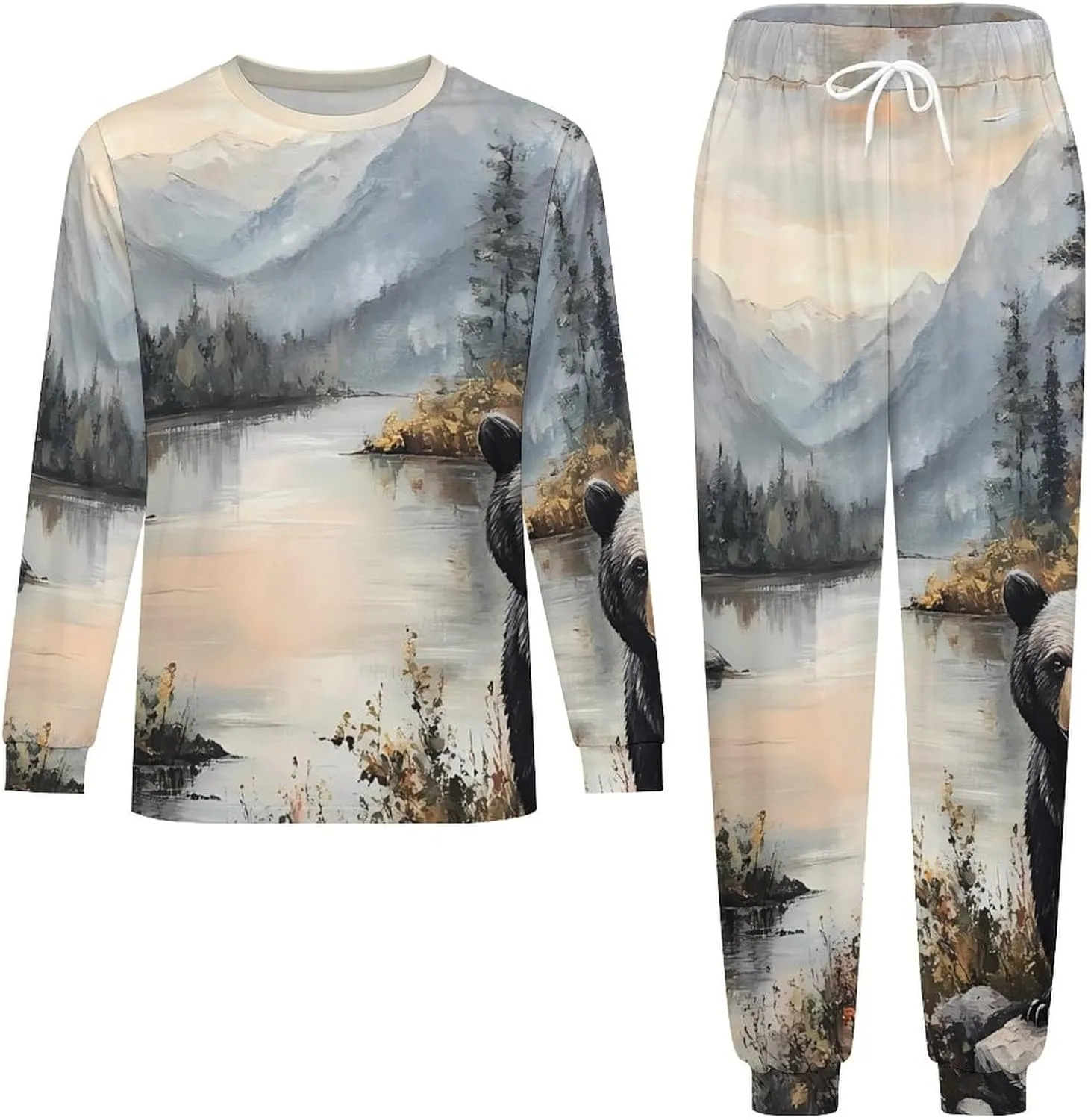 Black Bear Autumn Lakeside Soft Mens Pajamas Set Round Neck Pullover Long Sleeve And Pants Loungewear 2 Piece Pjs Set