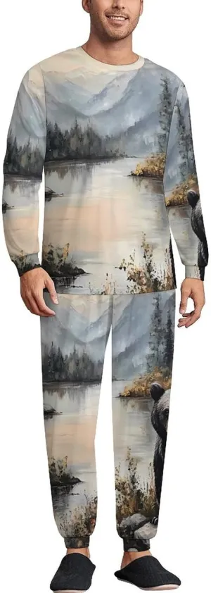 Black Bear Autumn Lakeside Soft Mens Pajamas Set Round Neck Pullover Long Sleeve And Pants Loungewear 2 Piece Pjs Set