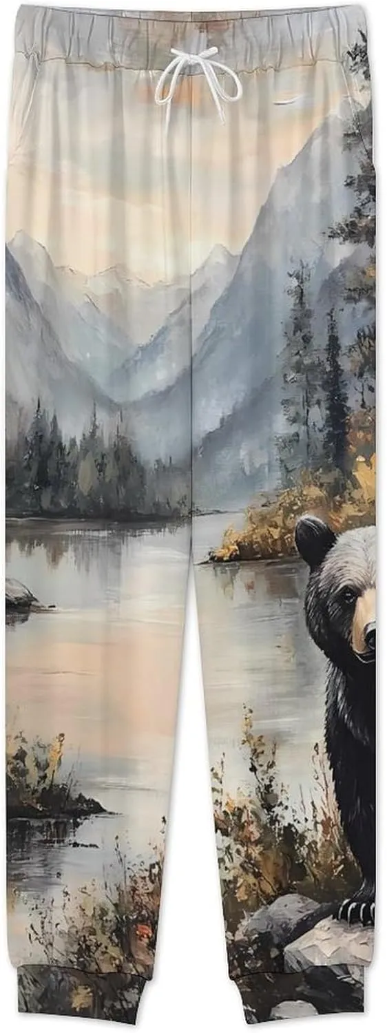 Black Bear Autumn Lakeside Soft Mens Pajamas Set Round Neck Pullover Long Sleeve And Pants Loungewear 2 Piece Pjs Set