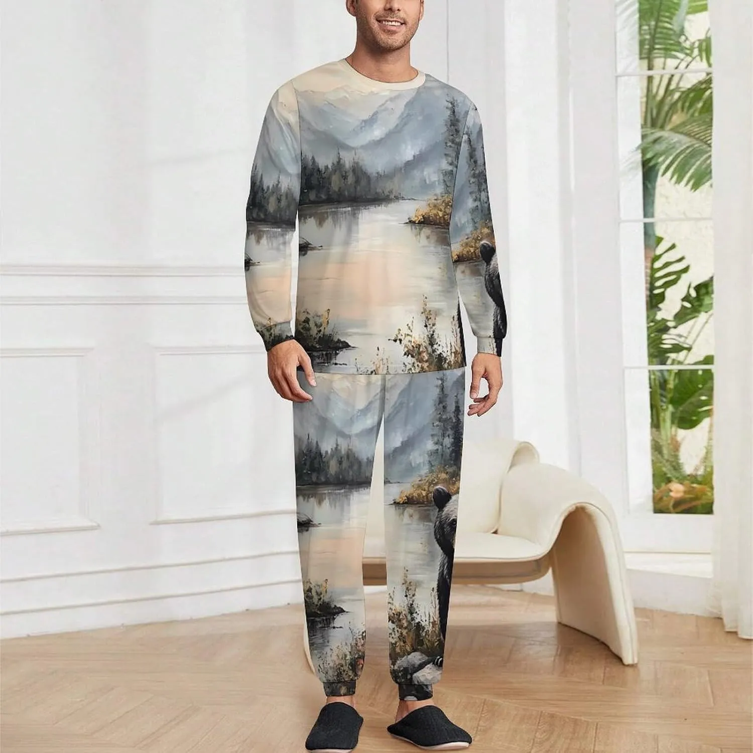 Black Bear Autumn Lakeside Soft Mens Pajamas Set Round Neck Pullover Long Sleeve And Pants Loungewear 2 Piece Pjs Set