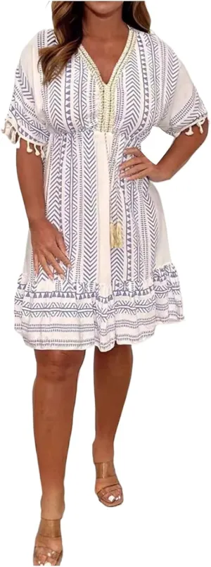 Boho Dress for Women Loose Fit Casual V Neck Tassels Short Sleeve Vintage Ethnic Style Knee Lenght Wrap Midi Dresses
