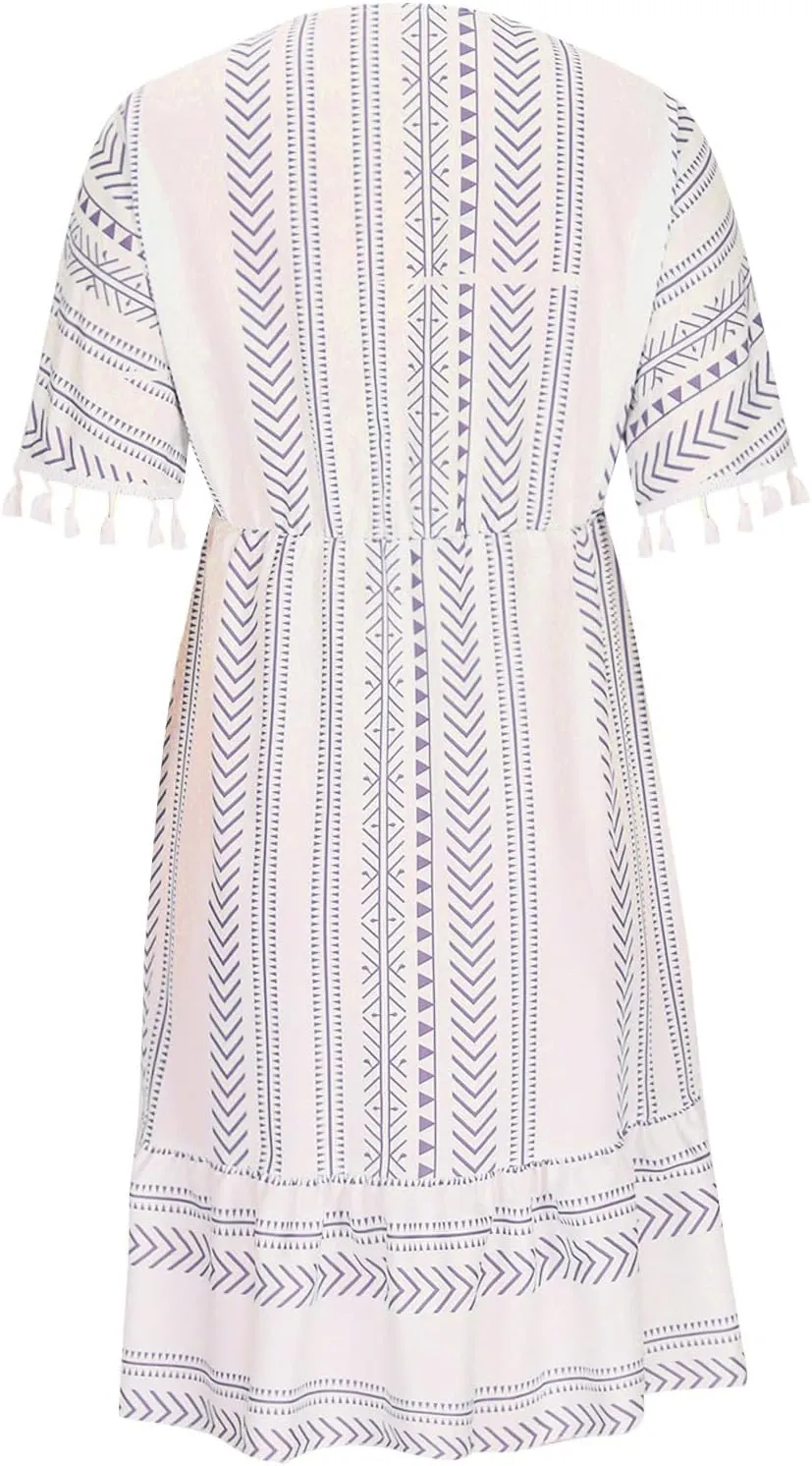 Boho Dress for Women Loose Fit Casual V Neck Tassels Short Sleeve Vintage Ethnic Style Knee Lenght Wrap Midi Dresses