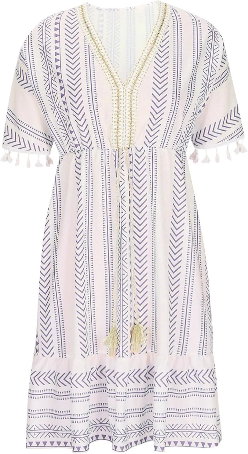 Boho Dress for Women Loose Fit Casual V Neck Tassels Short Sleeve Vintage Ethnic Style Knee Lenght Wrap Midi Dresses